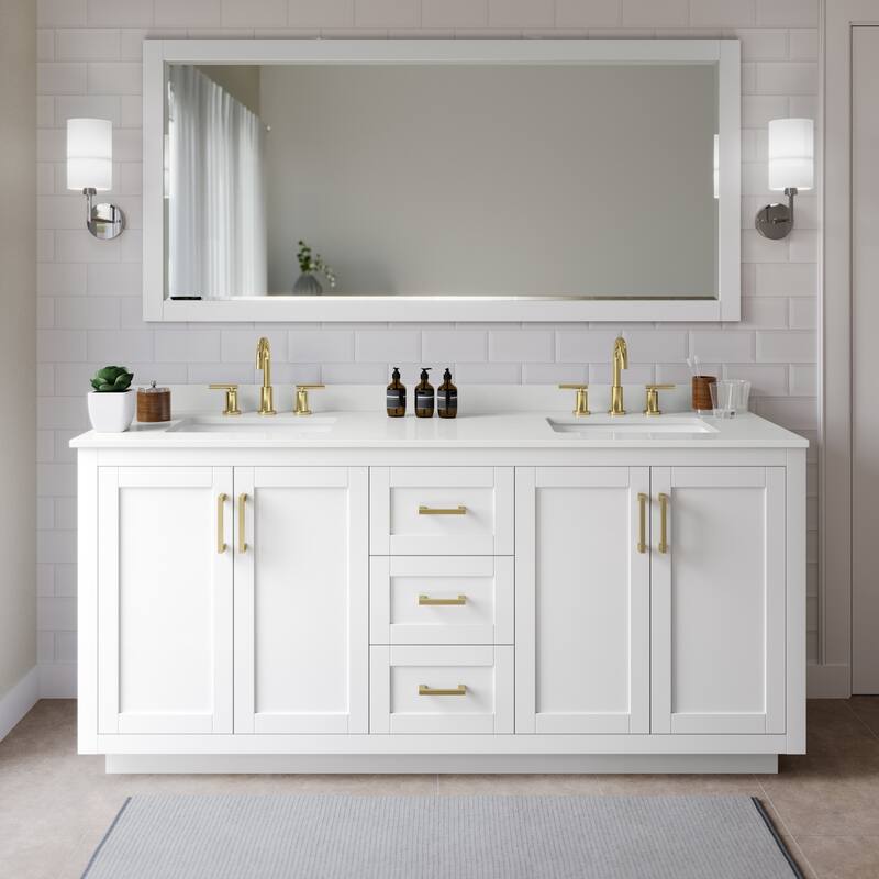 Wyndham Collection WCF292972D-QTZ-US3MXX Miranda 72" Free Standing - White / White Quartz Top / Brushed Gold Hardware