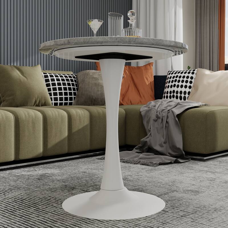 27.6" Mid-Century Modern Style Dining Table, Accommodates 2-4 People, Featuring A Round Light Gray Textured Marble Tabletop