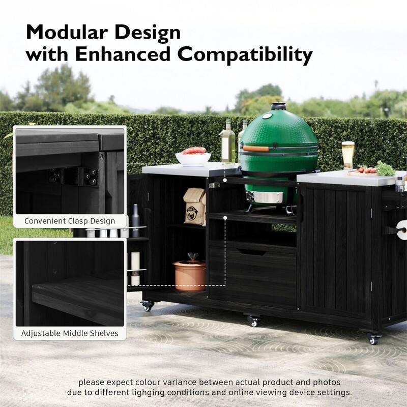 Outdoor Kitchen Island for Big Green Egg Grills, Solid Wood Outdoor Grill Cart w/Stainless Steel Top &Drawer, Patio Kitchen Cart