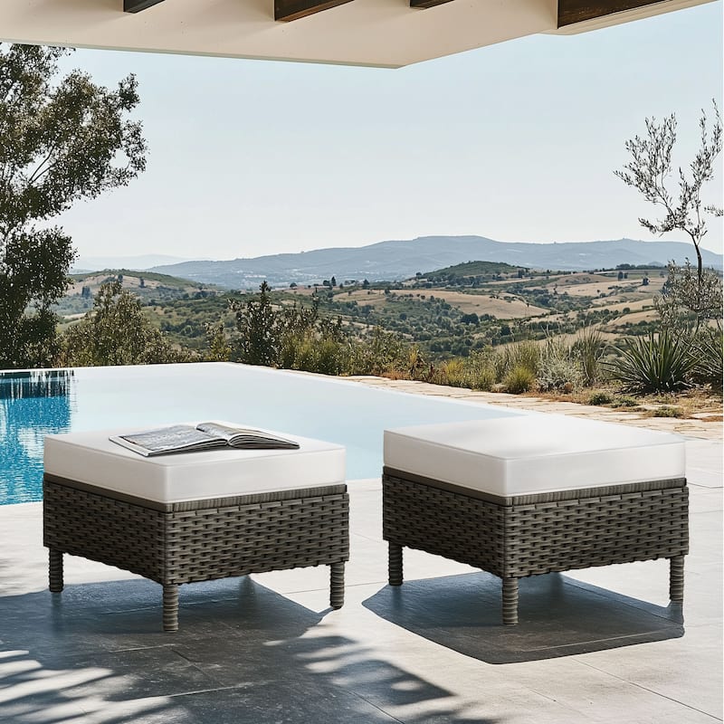 Outdoor Rattan Wicker cushioned Footstool Ottomans Set of 2