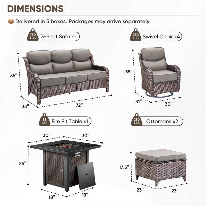 Pocassy 8/9PCS Patio Sofa Swivel Chair with 30" Fire Pit Tab;e