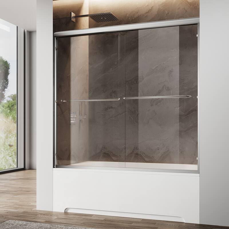 Sunny Shower Double Sliding Shower Door Bright Silver Finish Framed With 1/4 inch Clear Tempered Glass - 60"x57"