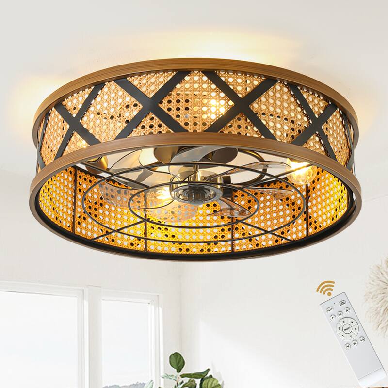 Cusp Barn 23" Boho Rattan Flush Mount Low Profile 6 Speeds Reversible Caged Ceiling Fan with Light and Remote for Bedroom - Nature