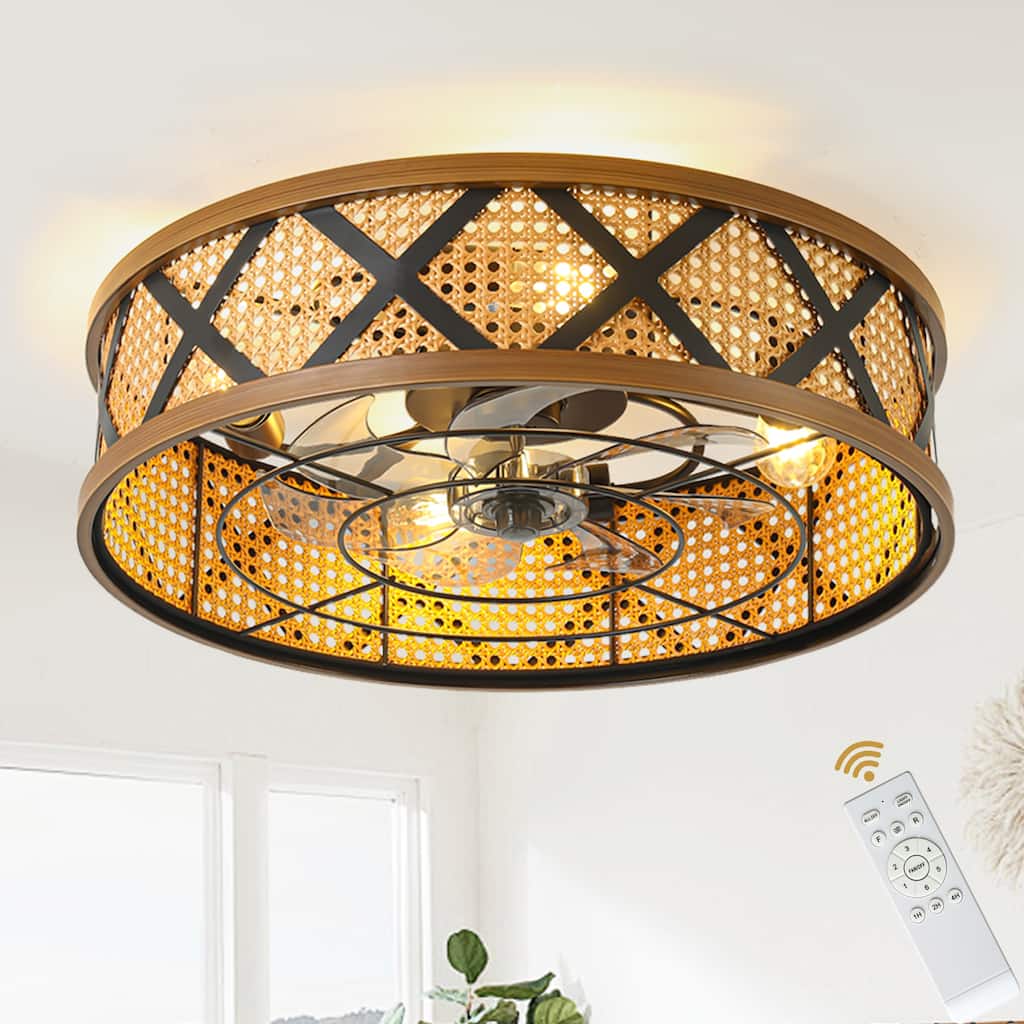 Cusp Barn 23" Boho Rattan Flush Mount Low Profile 6 Speeds Reversible Caged Ceiling Fan with Light and Remote for Bedroom