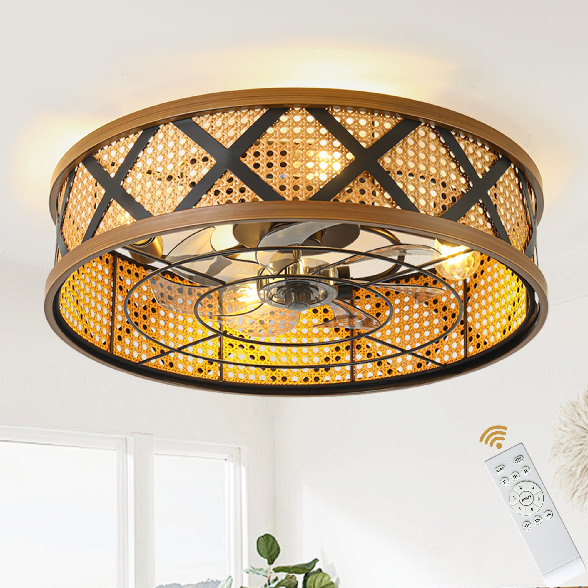 Cusp Barn 23" Boho Rattan Flush Mount Low Profile 6 Speeds Reversible Caged Ceiling Fan with Light and Remote for Bedroom