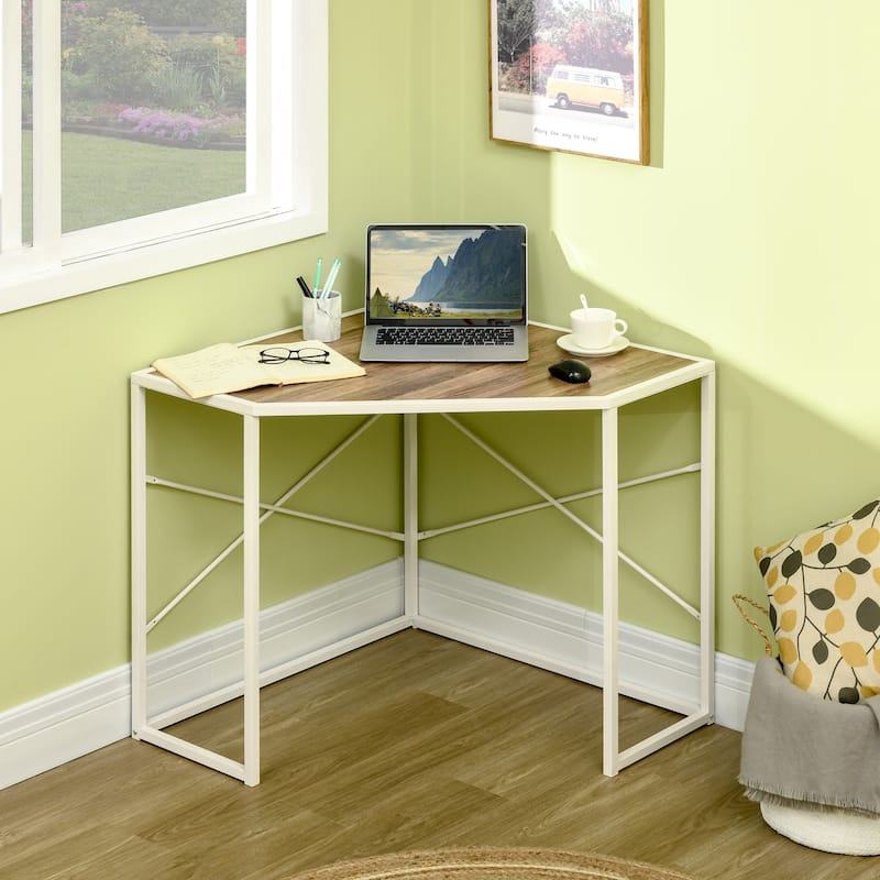 HOMCOM Corner Computer Desk with Steel Frame for Small Spaces, Writing Desk for Workstation - White