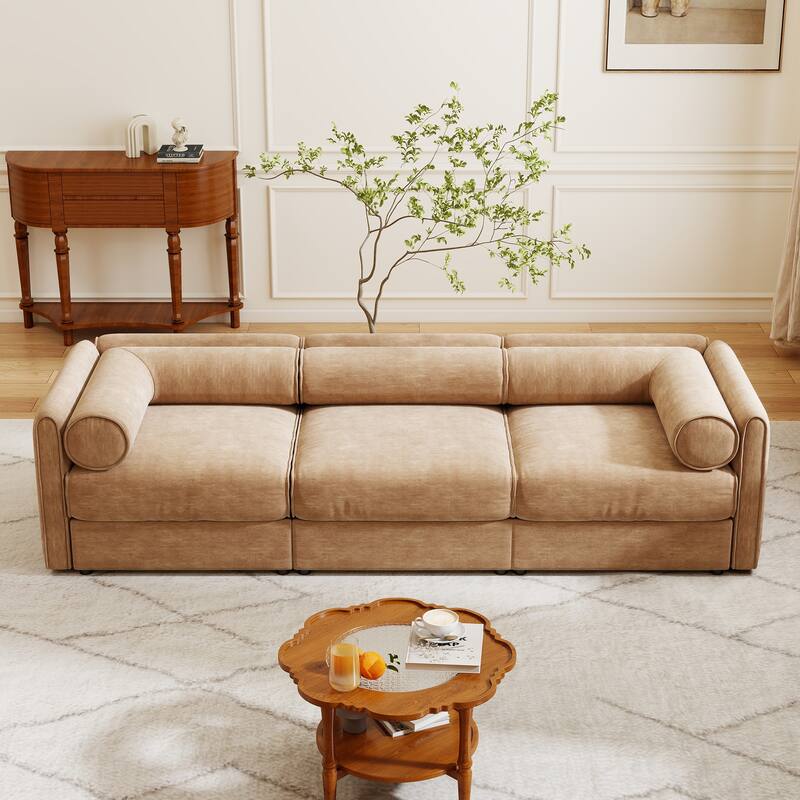 Modern Chenille 6-Seater Sofa with Ottoman Storage, Hidden Storage, Cylindrical Cushioned Arms and Backrest