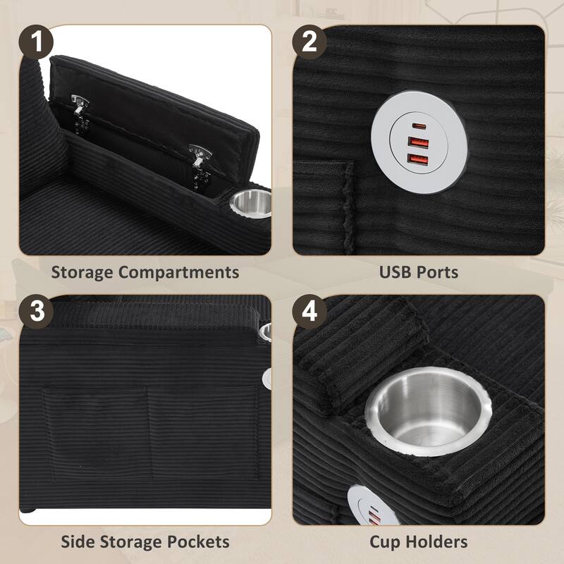 U-Shaped Sectional Sofa Convertible Sleeper Sofa with Dual Storage Chaise Lounges, Cup Holders, USB, Storage Boxes and Pockets