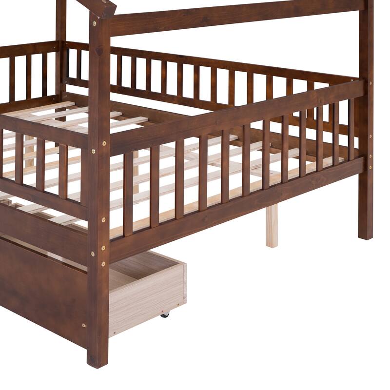 Walnut Full Size Wooden House Bed with Two Drawers and Fence