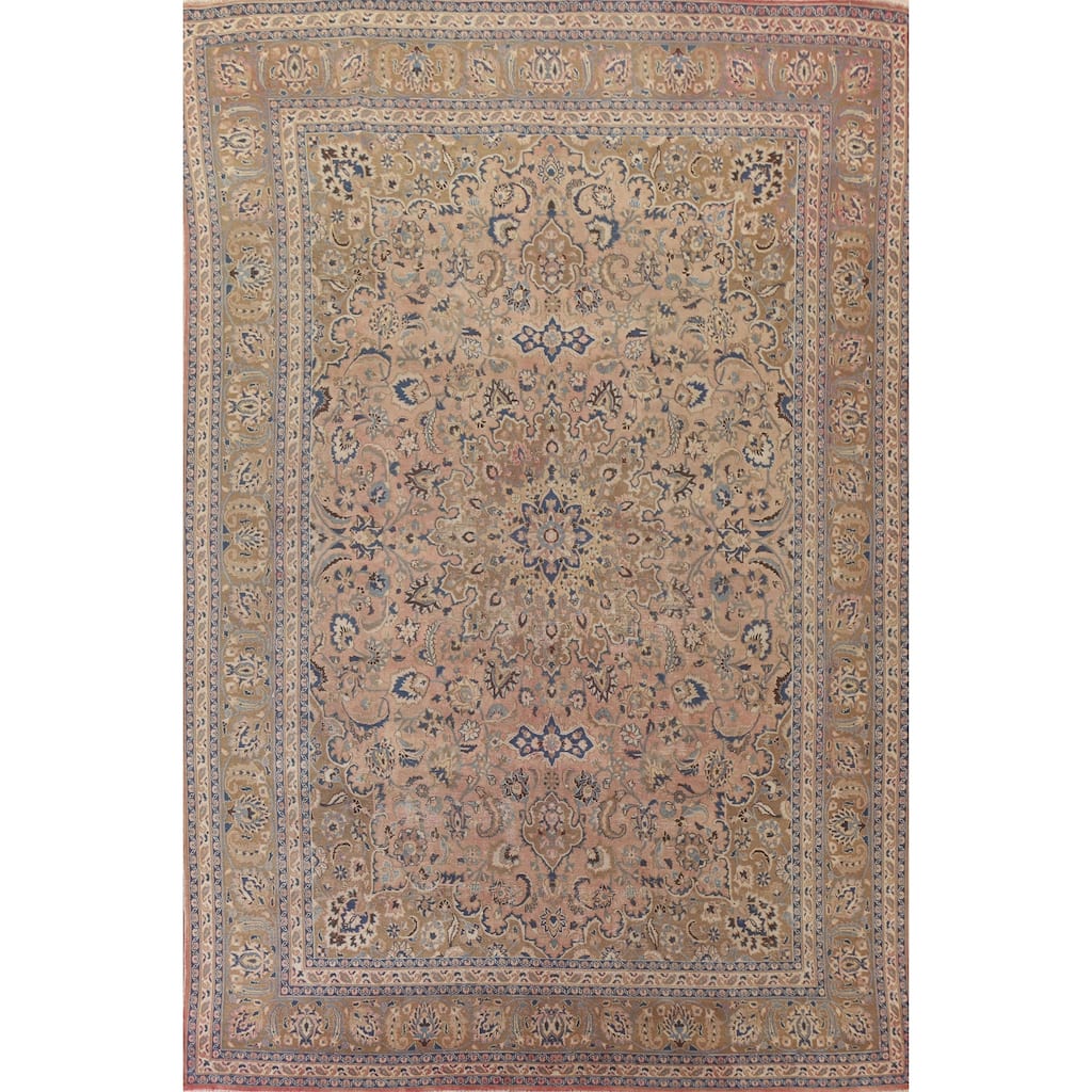 Hand Knotted Oriental 100% Wool Carpet Traditional Floral Pink Mashad Area Rug - 12' 5'' X 9' 4''