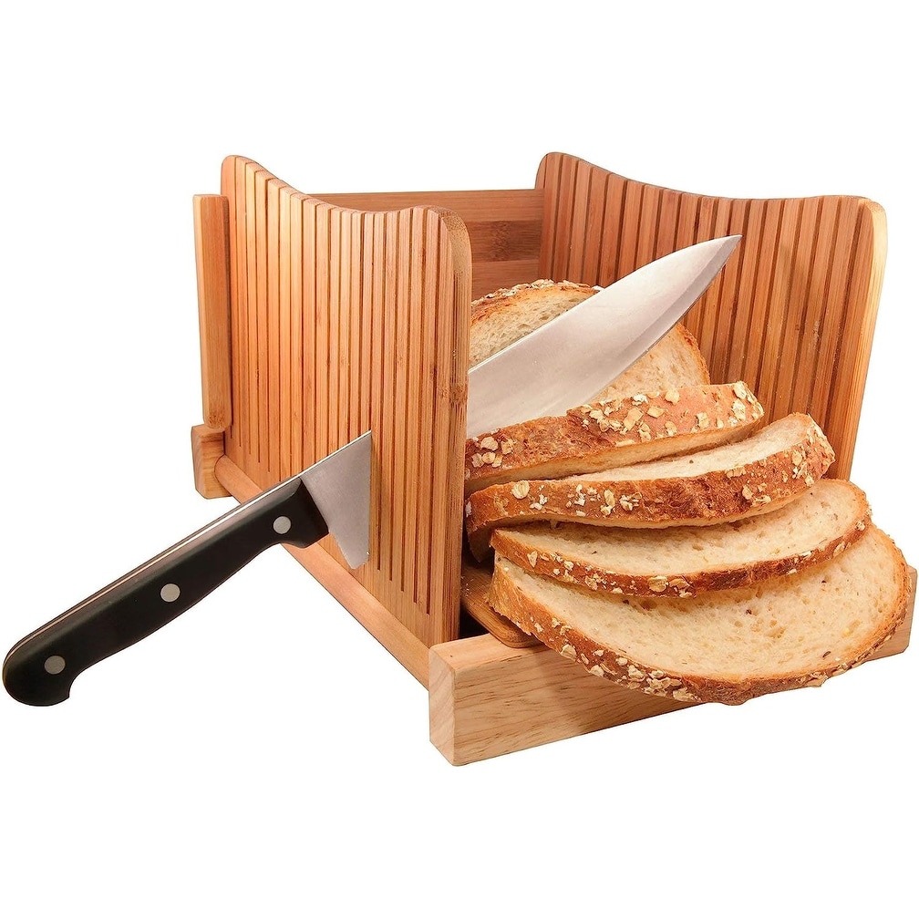 Kitchen Seven Bamboo Bread Slicer with Crumb Tray Bamboo Bread Cutter for Homemade Bread, Loaf Cakes, Bagels Slicer, 3 Slice Sizes, Adjustable, Compac