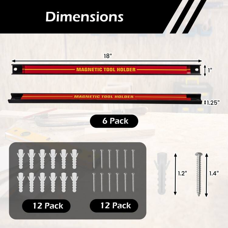 Carbon Steel Magnetic Tool Holder Set with 6 Strips - 18” x 1” x 0.5”