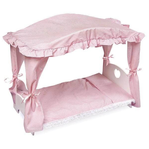 slide 2 of 7, Badger Basket Canopy Doll Bed with Bedding - White/Pink - 22" x 11.75" x 20"