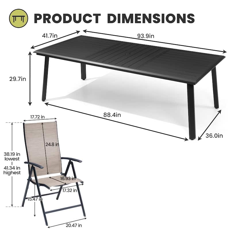 9-Piece Outdoor Dining Set Aluminum Dining Table with Umbrella Hole and Adjustable Folding Chairs