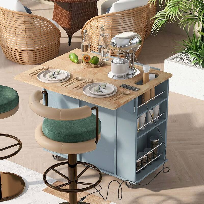 47" Modern Kitchen Cart with Electrical Outlet, Rubberwood Kitchen Island with Drop Leaf and Adjustable Storage Cabinet