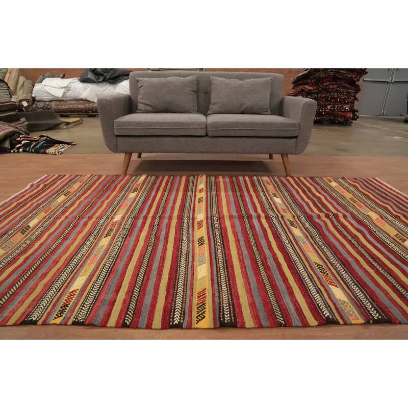 Hand Woven Oriental 100% Wool Carpet Southwestern Tribal Oranges & Rust Kilim Area Rug - 8' 9'' X 5' 3''
