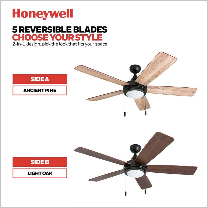 52" Honeywell Ventnor Bronze Modern Farmhouse Indoor LED Ceiling Fan with Light, Pull Chain