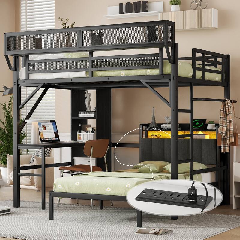 Full over Twin Bunk Bed with Desk, Bookshelves, Charging Station & LED Lights, Detachable Metal Loft Bed - Black