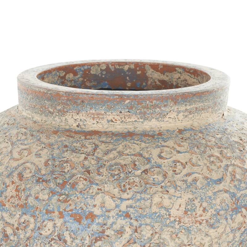 Ceramic Scroll Handmade Antique Style Wide Rounded Decorative Vase with Blue and Copper Accents - Beige - Roche River Decor