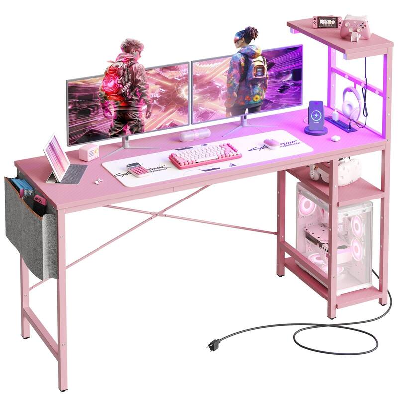 61" Gaming Desk Computer Desk with LED Lights Storage Shelves and Side Bag Home Office Desk