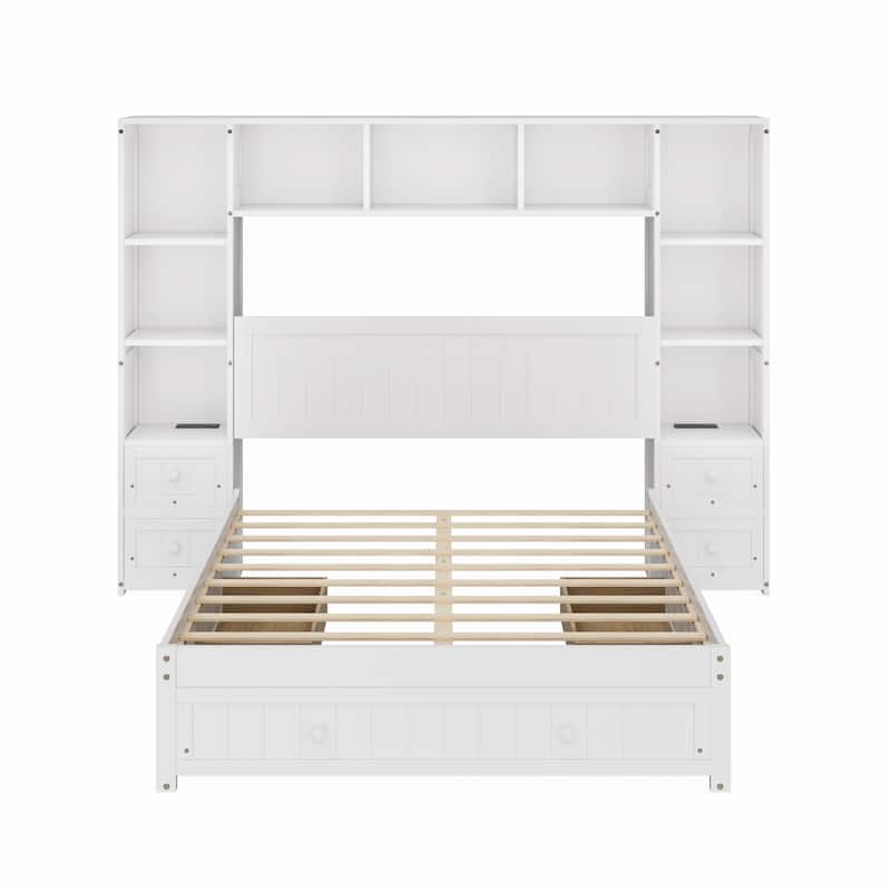 Full/Queen Storage Platform Bed with All-In-One 2 Nightstand & Cabinets, Wood Captain Bed Frame w/3 Drawers & Charging Stations