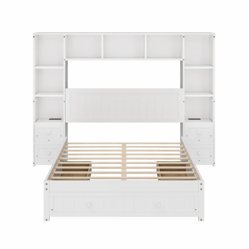 Queen/Full Platform Bed - Pine Wood Frame with Nightstands, Storage & 2 Charging Stations