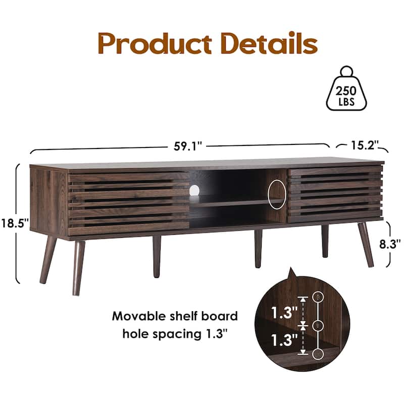 Mid Century Modern TV Stands for up to 70" TV with Storage, Fluted Wood TV Stand for Living Room, Boho Media Console