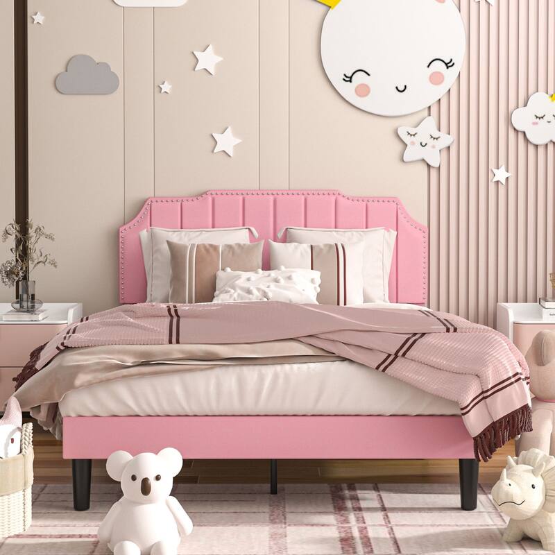 VECELO Upholstered Bed Frame with Nailhead Trim Adjustable Height Headboard, Twin/Full/Queen Size Bedframes