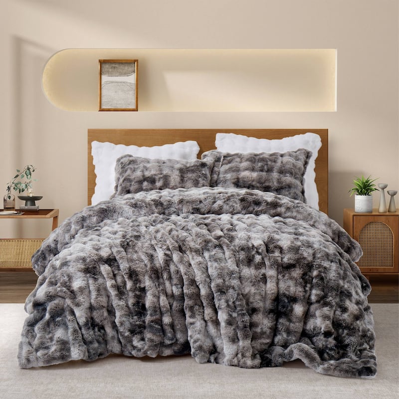 3 Pieces Fluffy Faux Rabbit Fur Comforter Set, Plush Fuzzy Bedding Set for Winter - Queen - Dark Gray