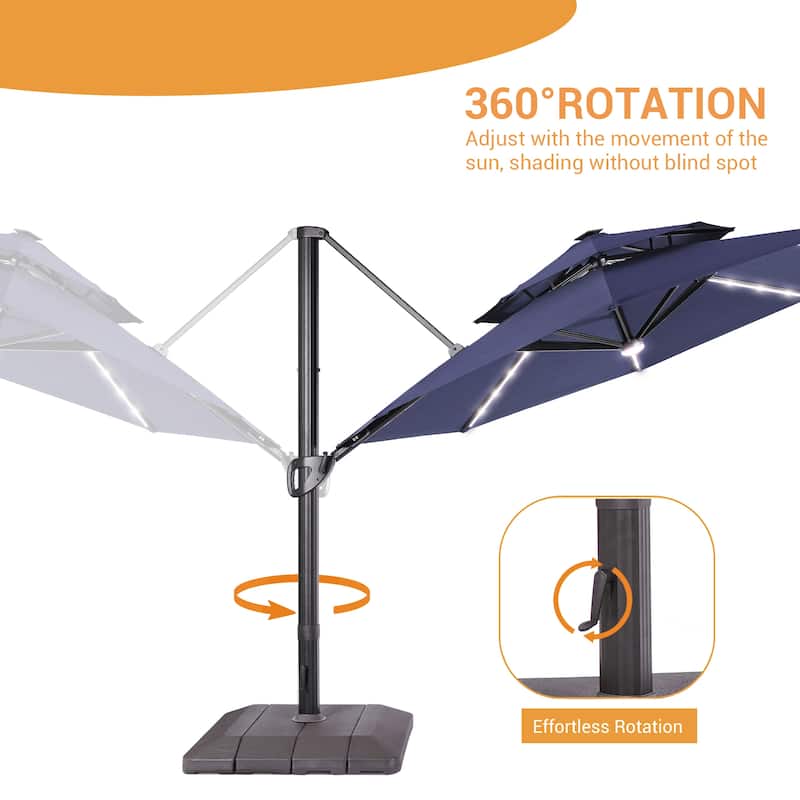 LIVOOSUN 11Ft LED Patio Hanging Double Top Octagon Cantilever Umbrella with 360-degree Rotating Canopy, Red