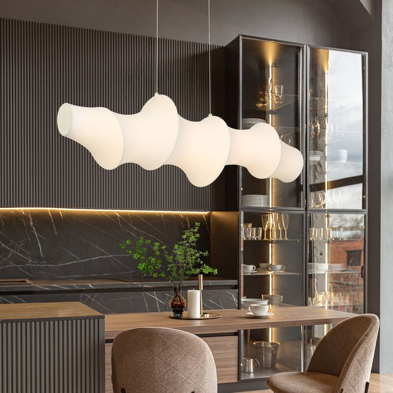 Modern 1-Light LED White Linear Island Chandelier Sculptural Silk Shade - White & Gold - W43.3"*D11.4"*H12.6"