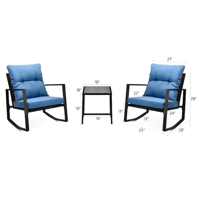 3 Pieces Patio Bistro Set Outdoor Rocking Chair w Blue Cushion for Yard Garden Poolside