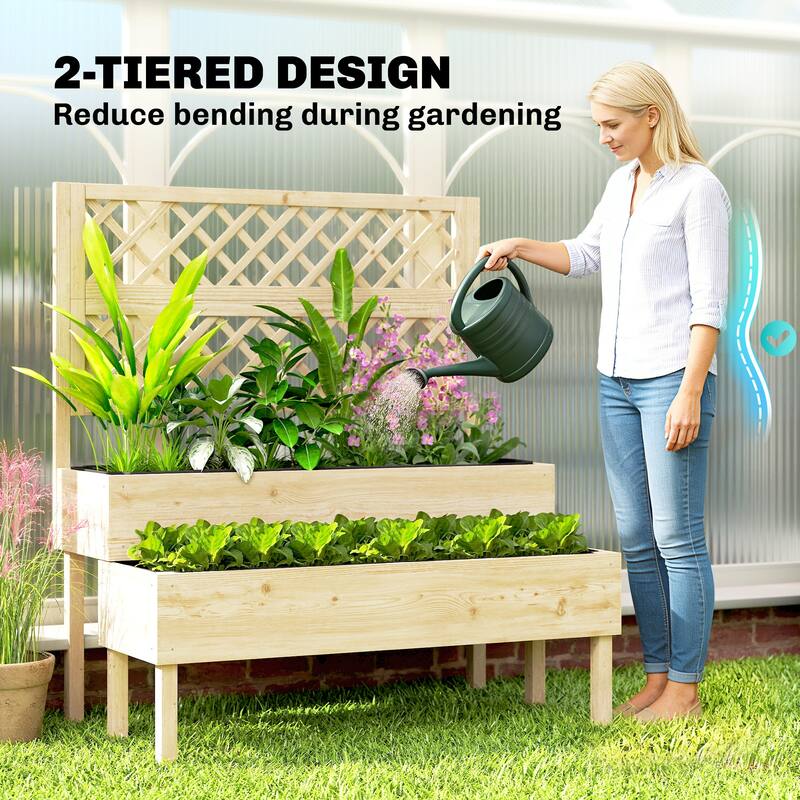 Outsunny 2-Tier Raised Garden Bed with Trellis, Wooden Elevated Planter Box with Drainage Gaps, Liners