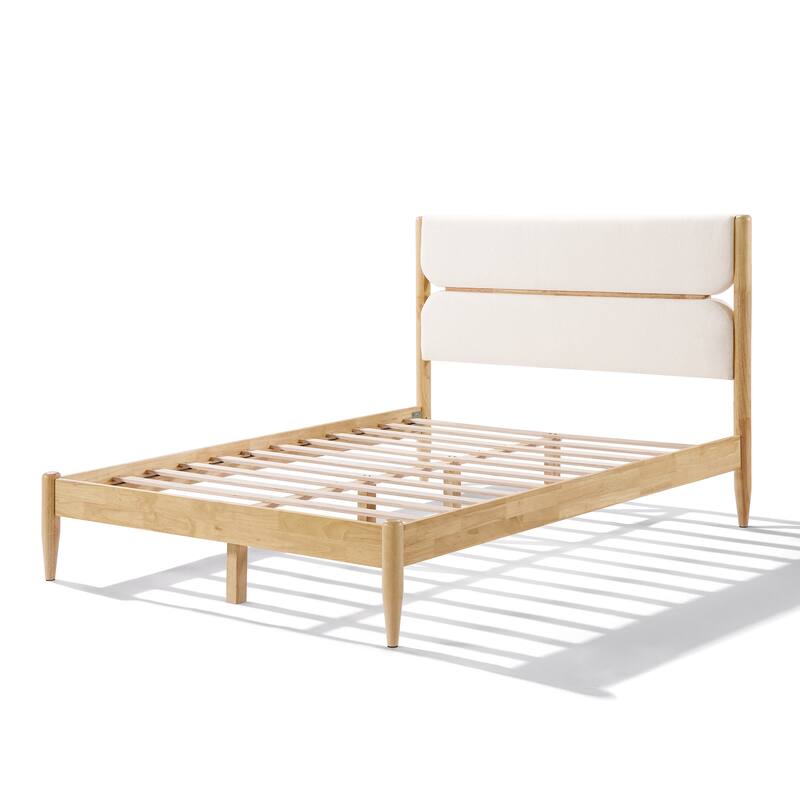 Queen Size Solid Wood Bed Frame with Upholstered Headboard, Ivory
