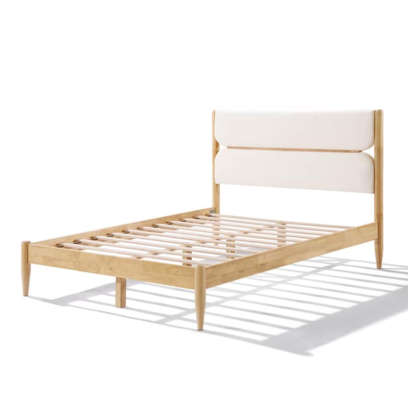 Solid Wood Bed Frame with Panel Upholstered Headboard Mid-Century Modern Platform Bed with Durable Wooden Slats, Easy Assembly