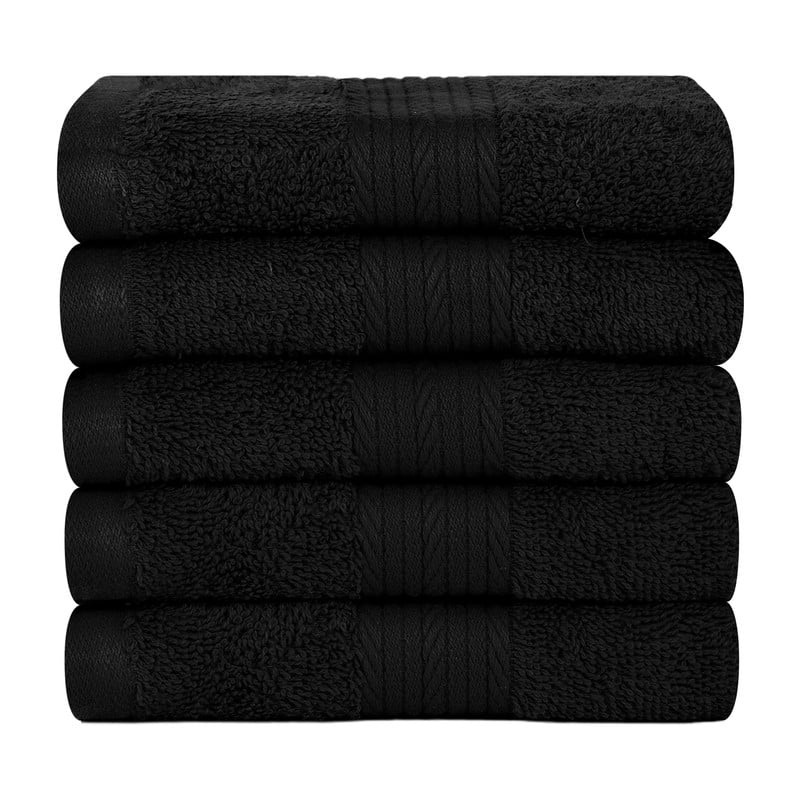 Pure Cotton 600 GSM Absorbent Washcloths 12x12 Inch by Ample Decor - 5 Pcs - Black
