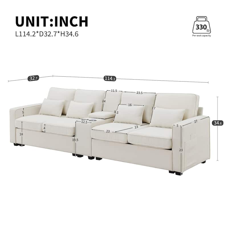 114.2" Upholstered Sofa with Console, 2 Cupholders and 2 USB Ports Wired Modern Linen Fabric Couches with 4 Pillows (4-Seat)
