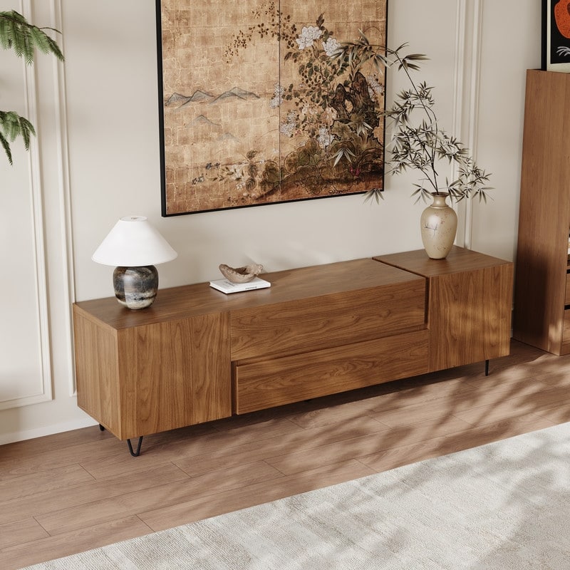 71" Walnut Finish TV Stand with Drawers & Closed Cabinets - Modern Media Console with Open Shelves