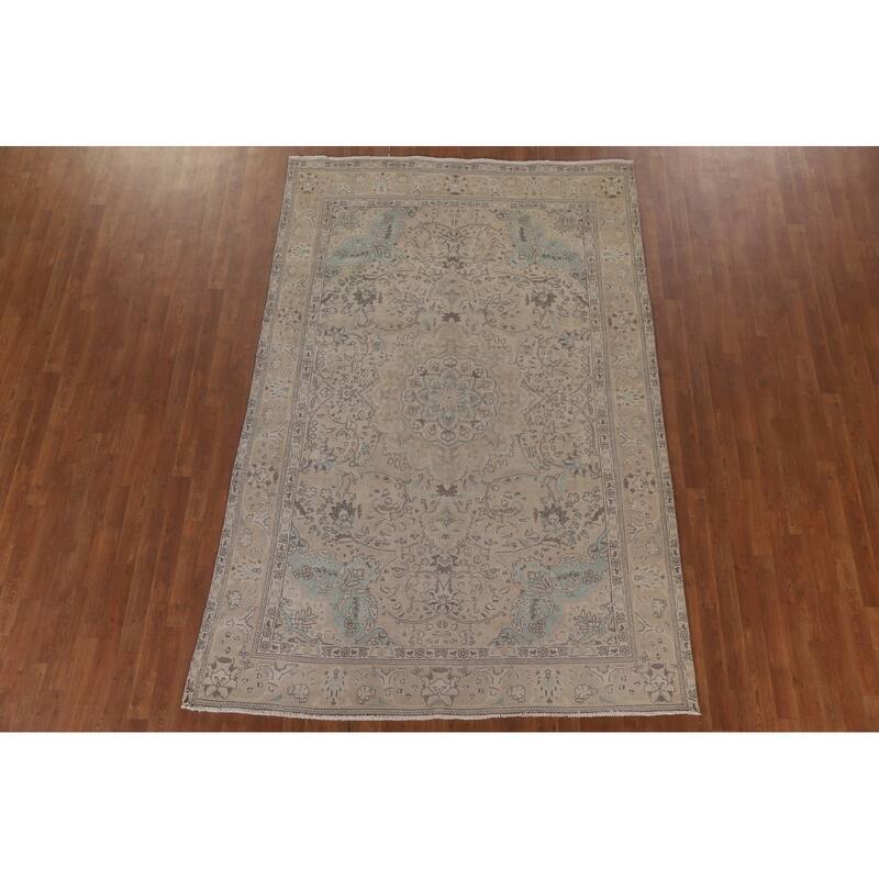 Hand Knotted Oriental 100% Wool Carpet Traditional Floral Beige & Ivories Tabriz Area Rug - 9' 5'' X 6' 2''