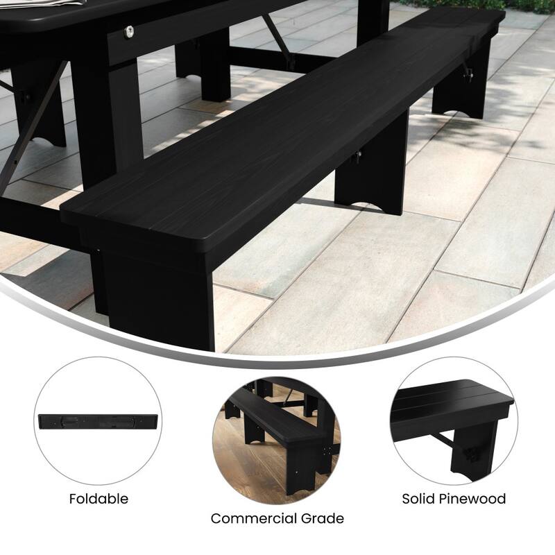 8' x 12" Antique Rustic Solid Pine Folding Farm Bench with 3 Legs