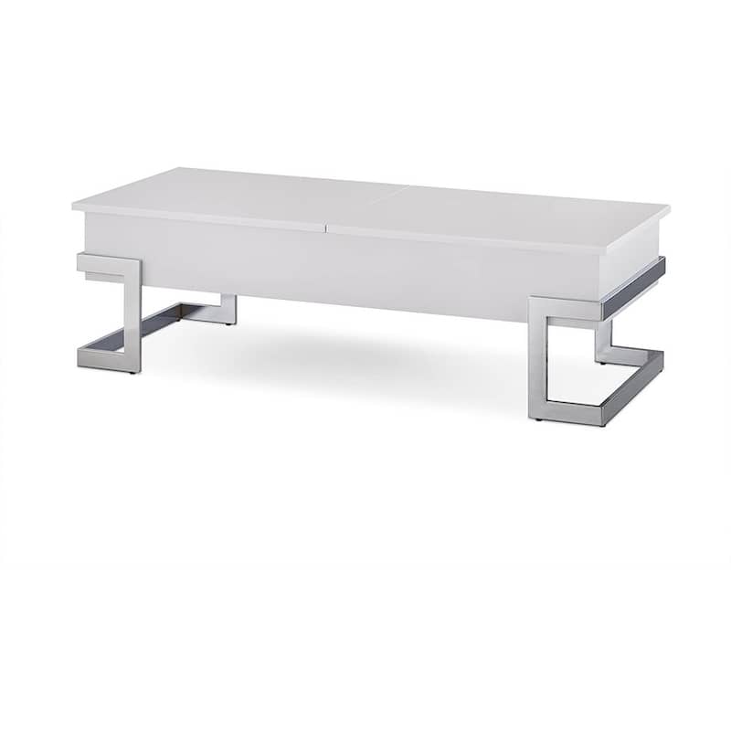HomeRoots 47" White and Silver Wood And Metal Lift Top Sled Coffee Table - 47" X 20" X 14"