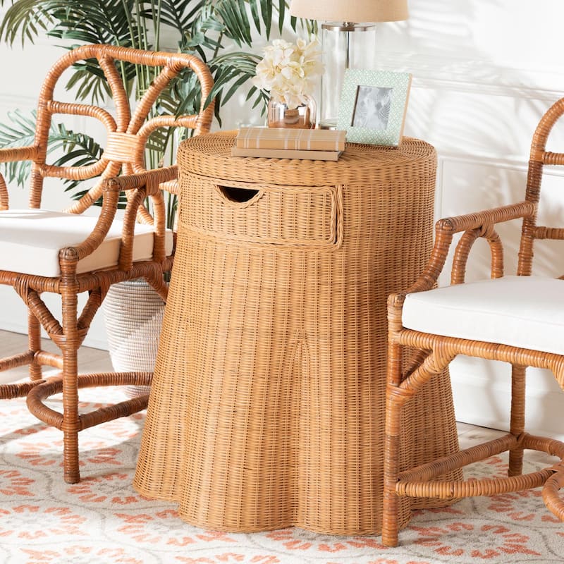 Dayo Scalloped Natural Rattan Console Table with Drawer - Handwoven Wicker Accent Table with Flared Skirt, Coastal Boho Style