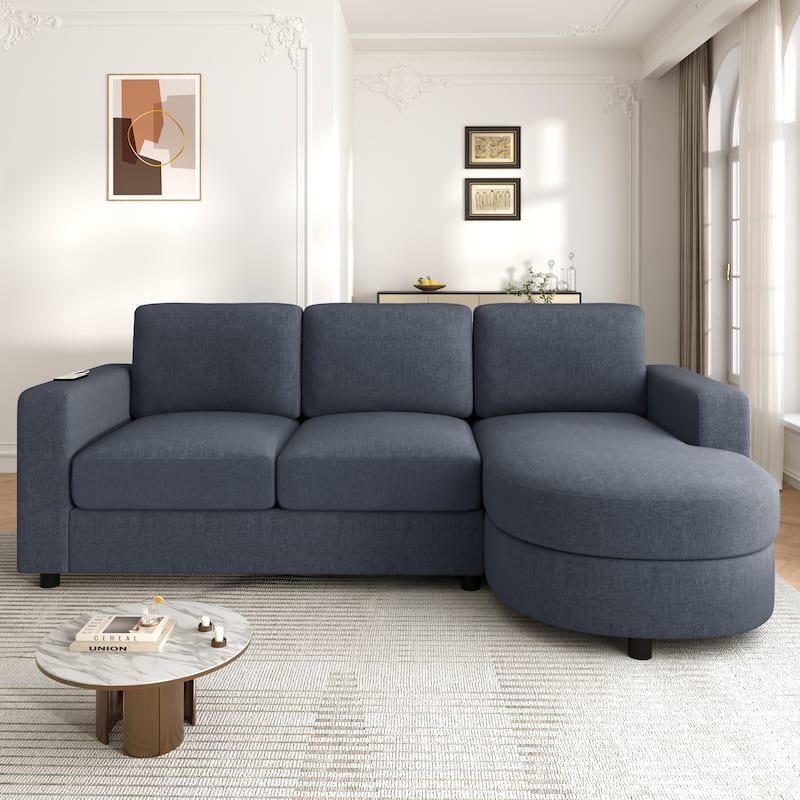 Modern L-Shaped Sofa with Curved Chaise, USB Charging Ports & Storage Pockets for Small Space - Blue