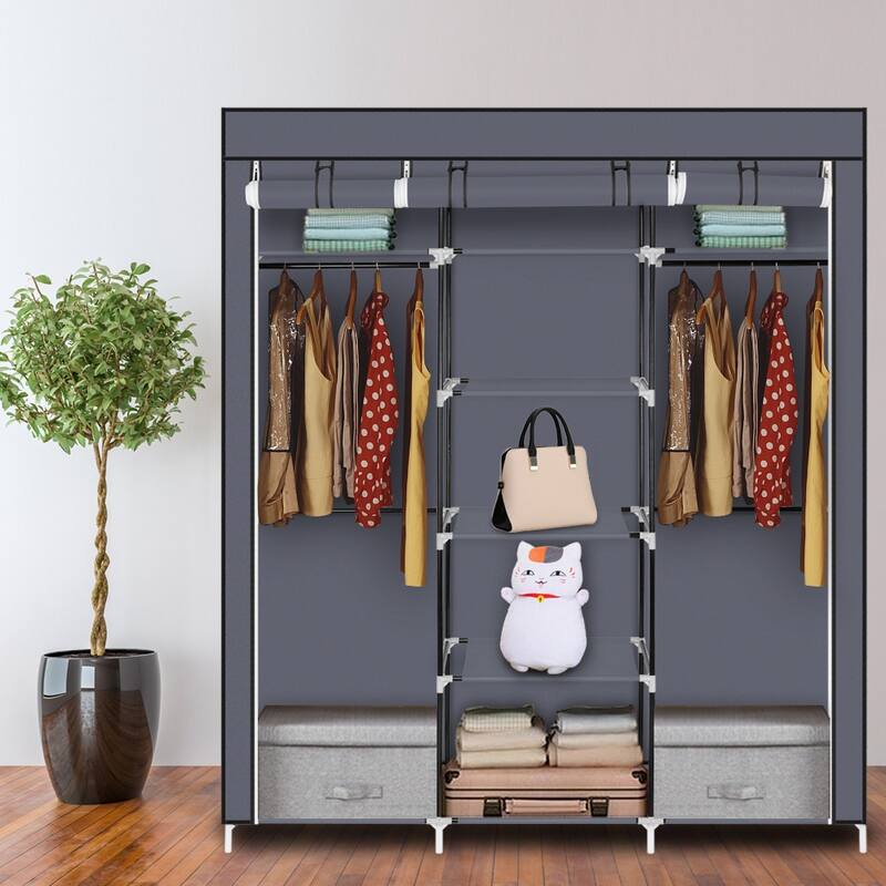 Portable Clothes Rack Closet with Cover and Hanging Rod - 150*45*175CM 9-Lattices - Grey
