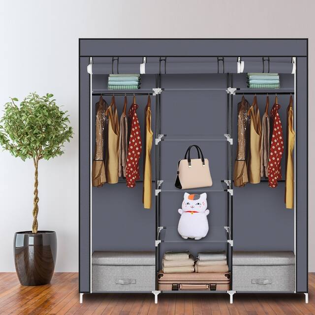 Portable Clothes Rack Closet with Cover and Hanging Rod - 150*45*175CM 9-Lattices - Grey