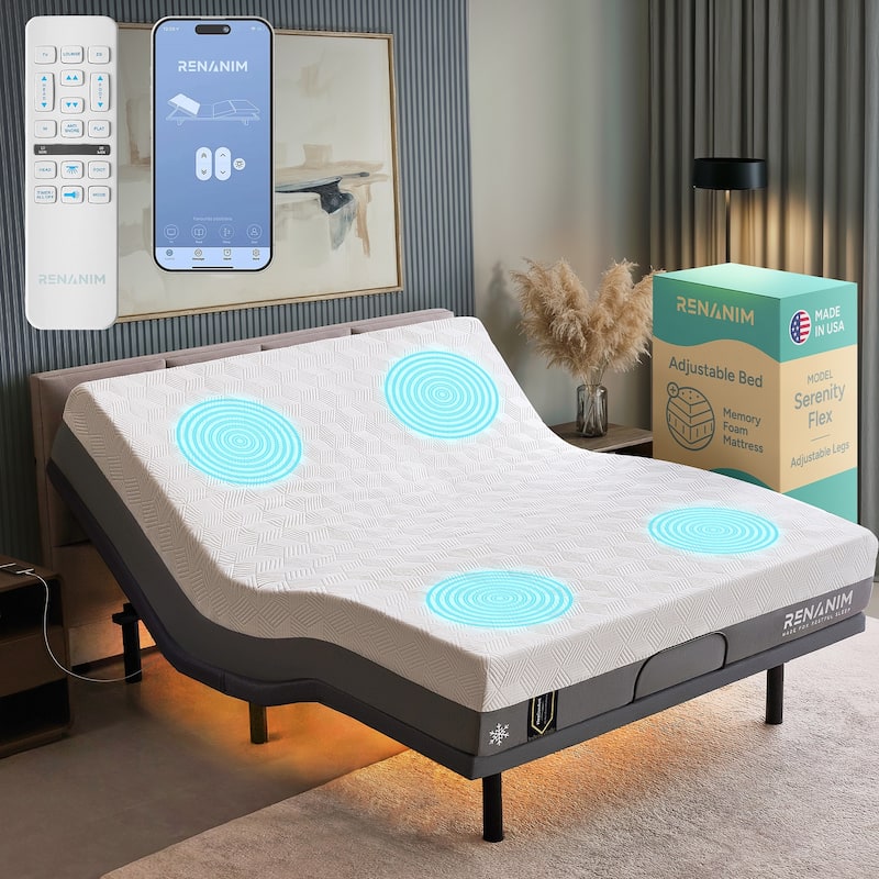 Renanim Adjustable Bed Frame with 14-inch Hybrid Mattress, Dual Massage, USB Ports, App Control, Underbed Light, Remote - King