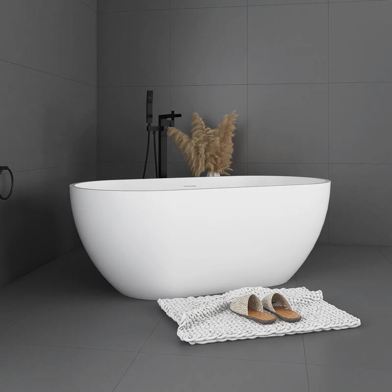 59 in. Stone Resin Freestanding Flat-bottom Soaking Bathtub in Matte White