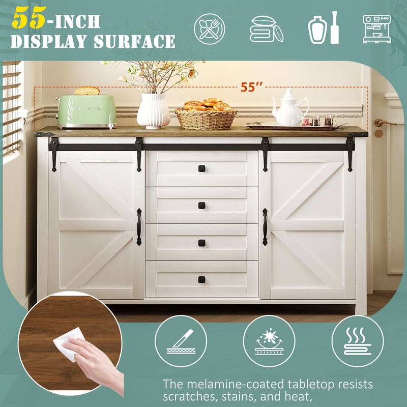 Wood Buffet Sideboard with Charging Station, Farmhouse Coffee Bar Cabinet with Sliding Barn Doors and 4 Drawers