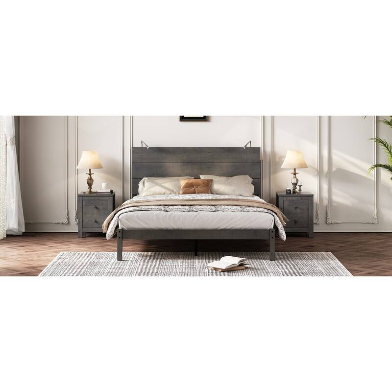 Queen Rustic Wood Platform Bed with Built-In Bedside Lights