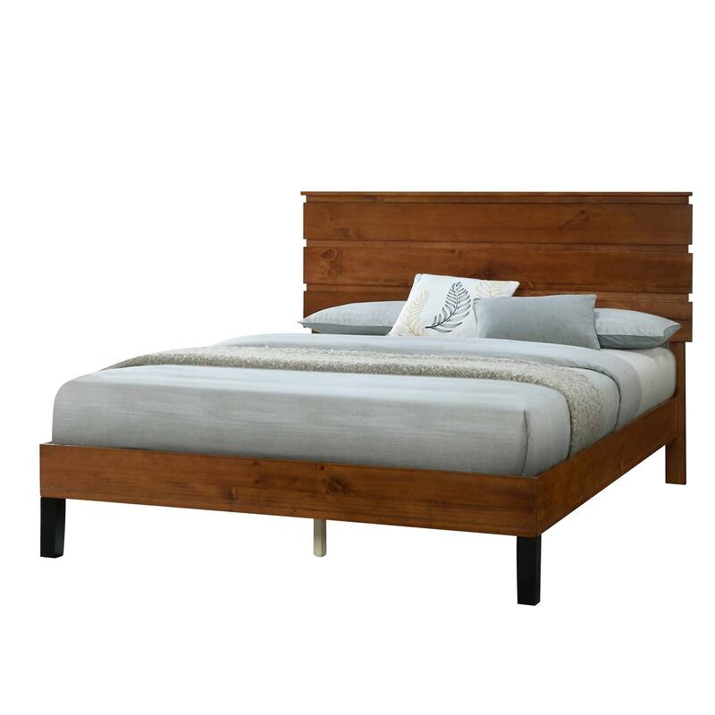 Brown Solid Wood Frame Platform Bed with Three-Piece Headboard Design